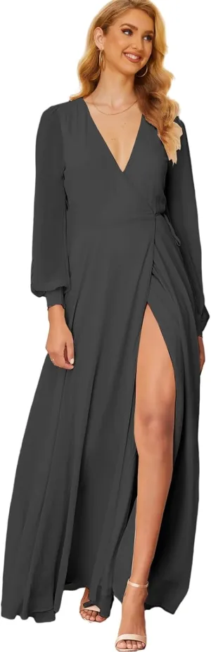 Women's Chiffon Bridesmaid Dresses with Sleeves High Split Wedding Party Dress V Neck Long Formal Gown