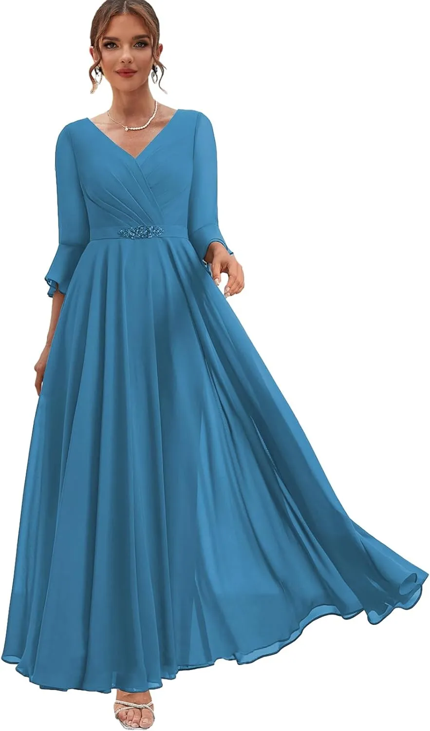 Women's Chiffon Mother of The Bride Dresses with Sleeves Long Formal Dress for Wedding V Neck Evening Gown