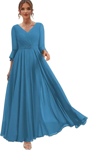 Women's Chiffon Mother of The Bride Dresses with Sleeves Long Formal Dress for Wedding V Neck Evening Gown