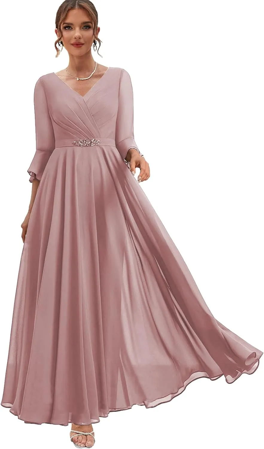 Women's Chiffon Mother of The Bride Dresses with Sleeves Long Formal Dress for Wedding V Neck Evening Gown