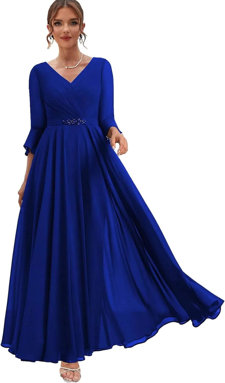 Women's Chiffon Mother of The Bride Dresses with Sleeves Long Formal Dress for Wedding V Neck Evening Gown