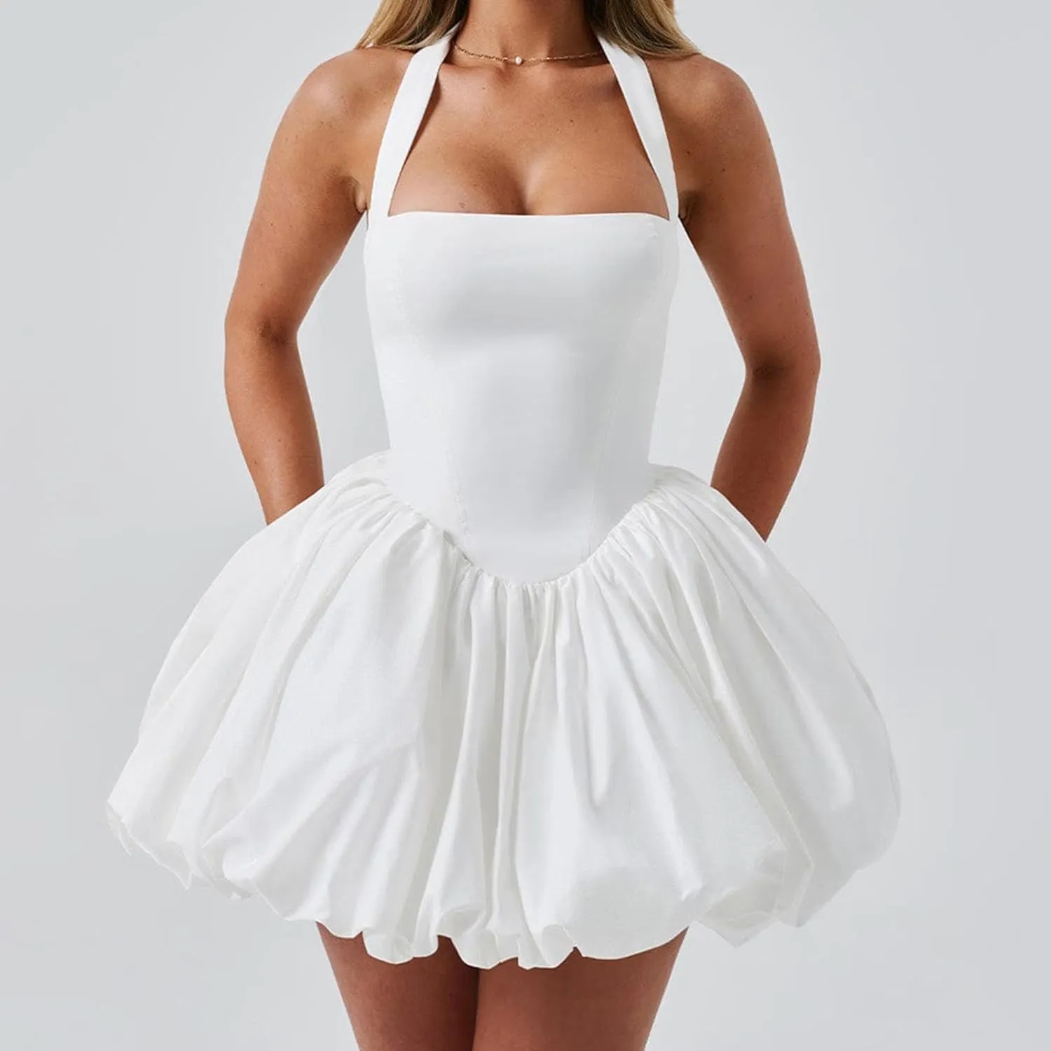 Womens Cocktail Mini Dress Sexy Halter Neck Ruffle Bubble Dresses Y2k Tie Up Backless Corset Party Dress