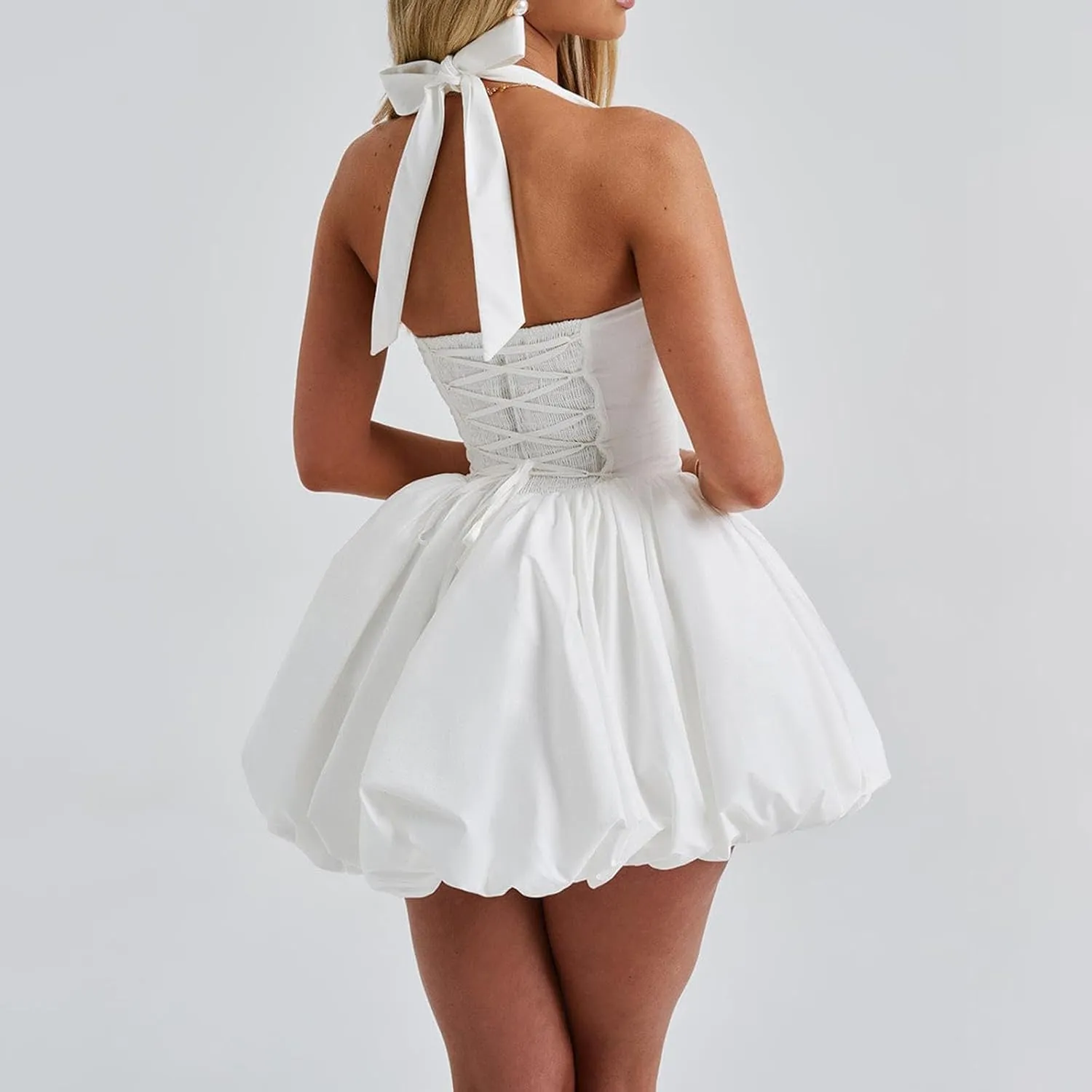 Womens Cocktail Mini Dress Sexy Halter Neck Ruffle Bubble Dresses Y2k Tie Up Backless Corset Party Dress