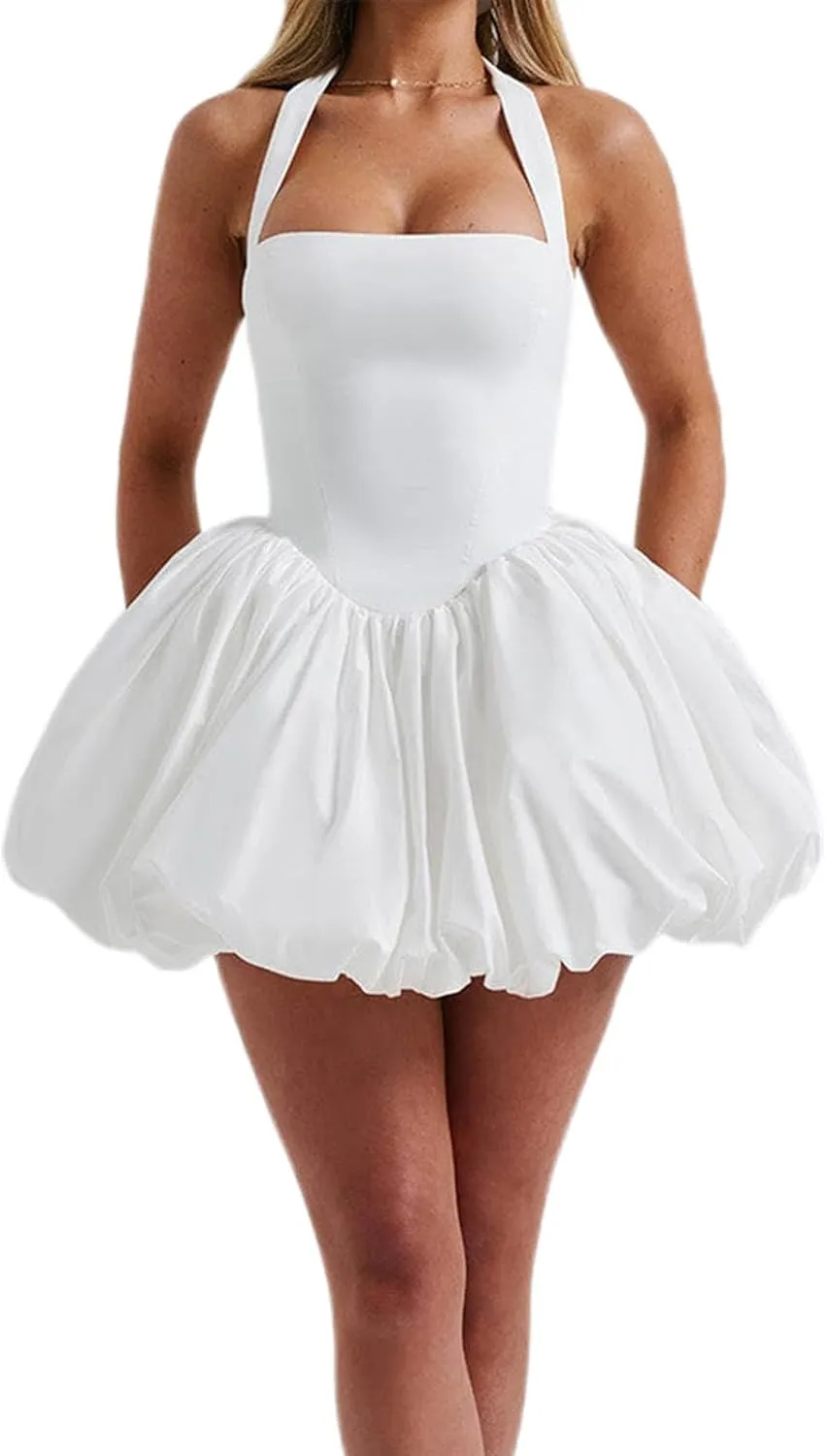 Womens Cocktail Mini Dress Sexy Halter Neck Ruffle Bubble Dresses Y2k Tie Up Backless Corset Party Dress
