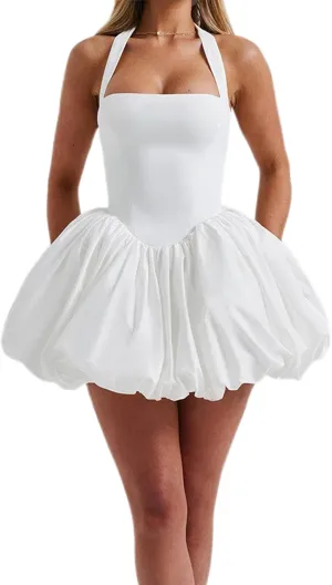 Womens Cocktail Mini Dress Sexy Halter Neck Ruffle Bubble Dresses Y2k Tie Up Backless Corset Party Dress