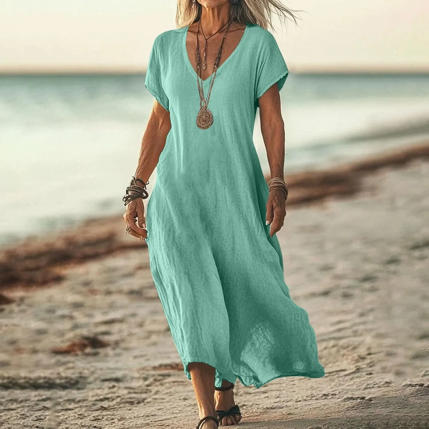 Womens Cotton Linen Maxi Dresses Solid Loose Long Dress Casual V Neck Beach Sundress Short Sleeve Swimwear Cover Ups