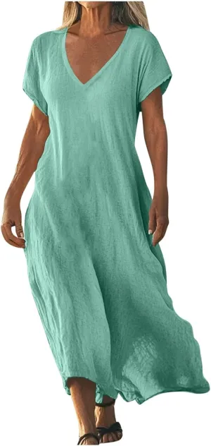 Womens Cotton Linen Maxi Dresses Solid Loose Long Dress Casual V Neck Beach Sundress Short Sleeve Swimwear Cover Ups