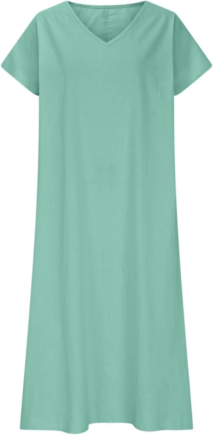 Womens Cotton Linen Maxi Dresses Solid Loose Long Dress Casual V Neck Beach Sundress Short Sleeve Swimwear Cover Ups
