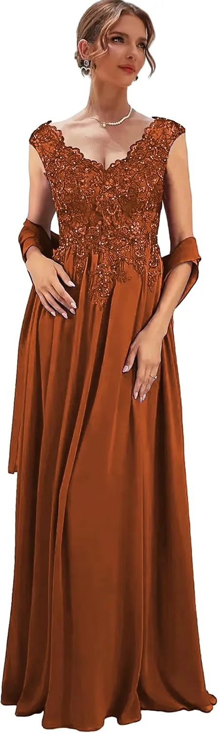 Women's Long Mother of The Bride Dresses for Wedding Lace Chiffon Formal Dress with Shawl V Neck Evening Gown