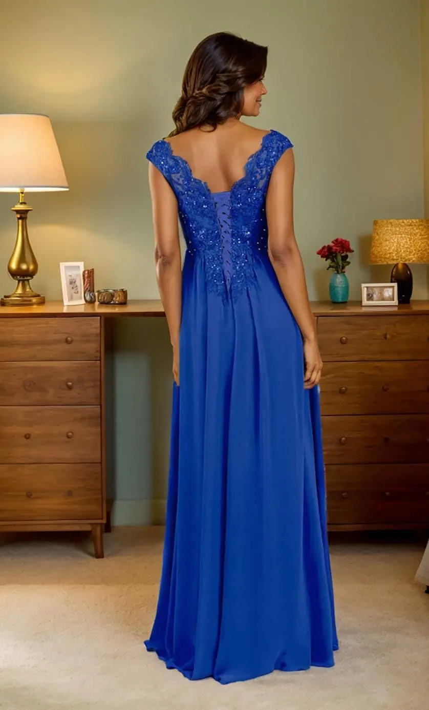 Women's Long Mother of The Bride Dresses for Wedding Lace Chiffon Formal Dress with Shawl V Neck Evening Gown
