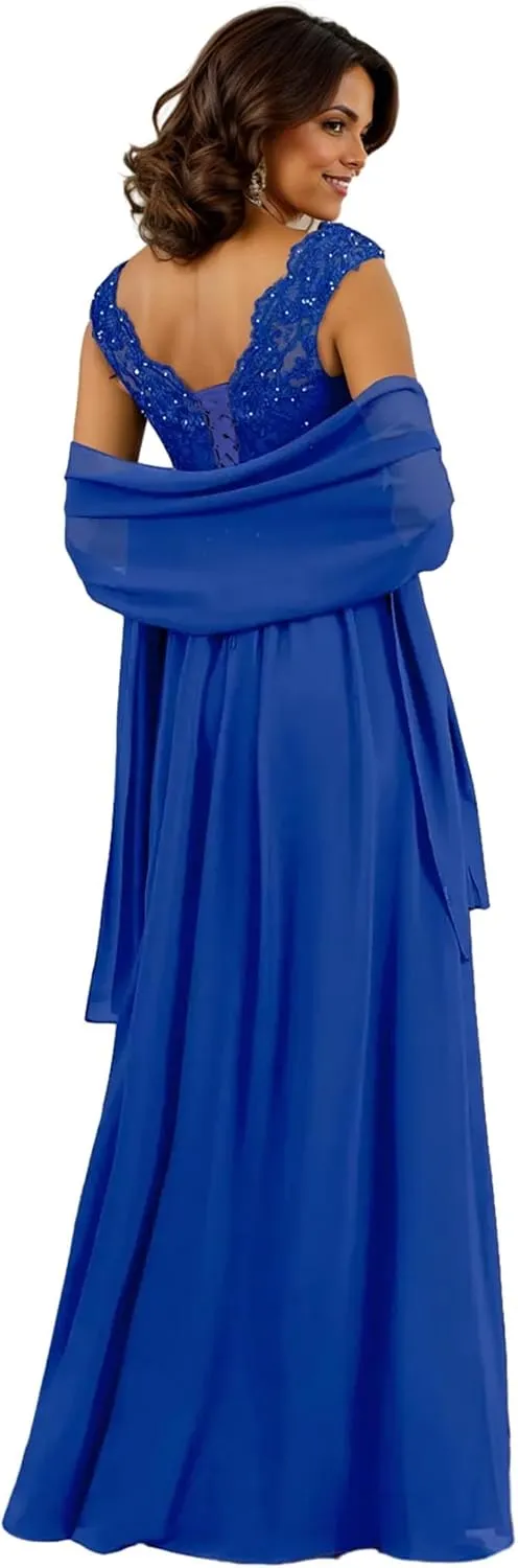 Women's Long Mother of The Bride Dresses for Wedding Lace Chiffon Formal Dress with Shawl V Neck Evening Gown