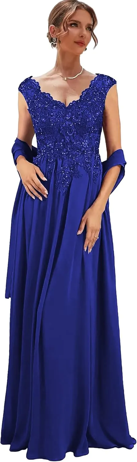 Women's Long Mother of The Bride Dresses for Wedding Lace Chiffon Formal Dress with Shawl V Neck Evening Gown
