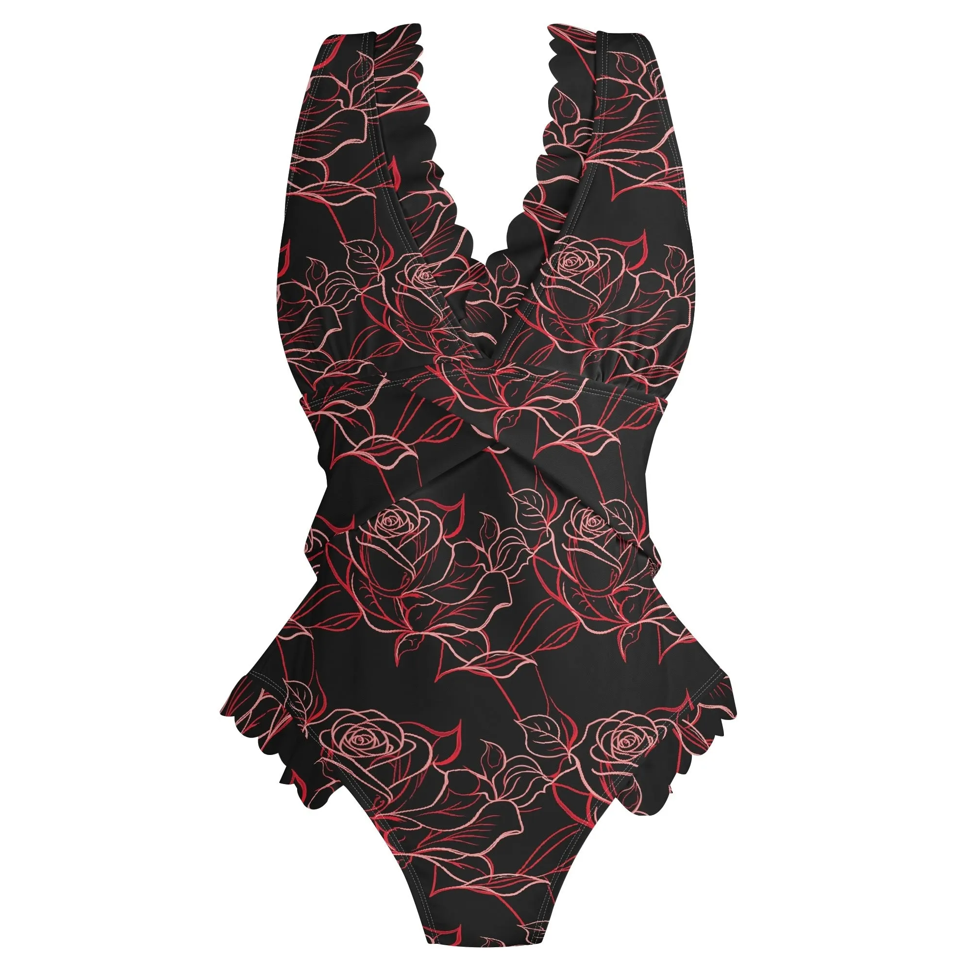 Womens Red Light Rose Ruffle Edge Cross-Front One Piece Swimsuit Bathing Suit