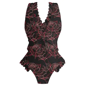 Womens Red Light Rose Ruffle Edge Cross-Front One Piece Swimsuit Bathing Suit