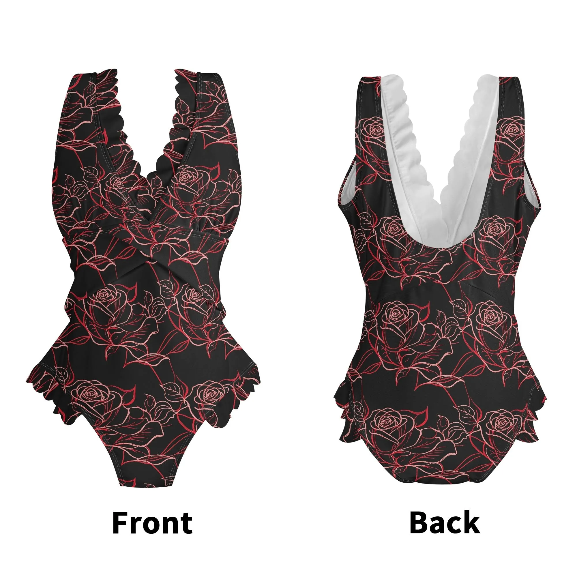 Womens Red Light Rose Ruffle Edge Cross-Front One Piece Swimsuit Bathing Suit