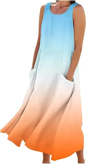 Women's Sleeveless Casual Summer Midi Dresses Gradient Graphic Print Sun Dresses Loose Flowy Tank Dress