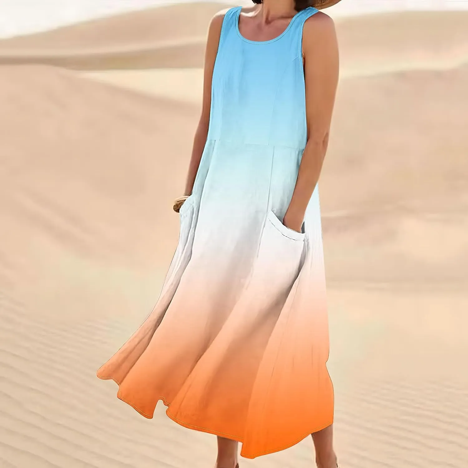 Women's Sleeveless Casual Summer Midi Dresses Gradient Graphic Print Sun Dresses Loose Flowy Tank Dress