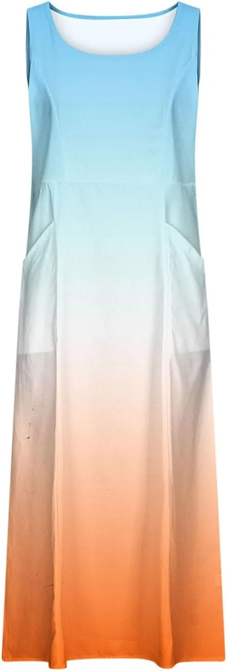 Women's Sleeveless Casual Summer Midi Dresses Gradient Graphic Print Sun Dresses Loose Flowy Tank Dress
