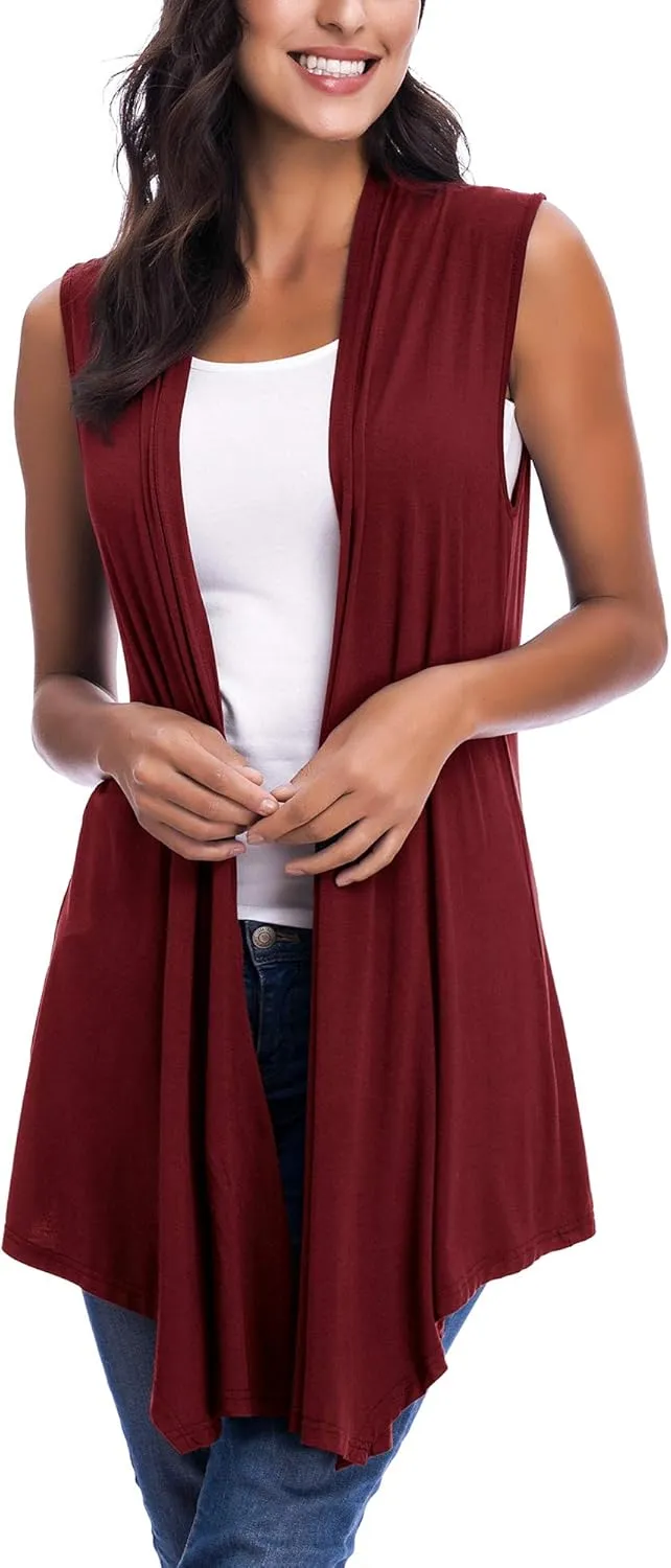 Womens Sleeveless Open Front Draped Asymmetric Hem Cardigan Vest