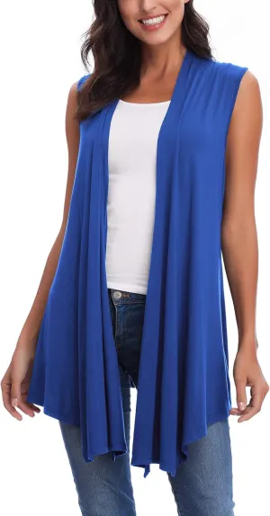 Womens Sleeveless Open Front Draped Asymmetric Hem Cardigan Vest