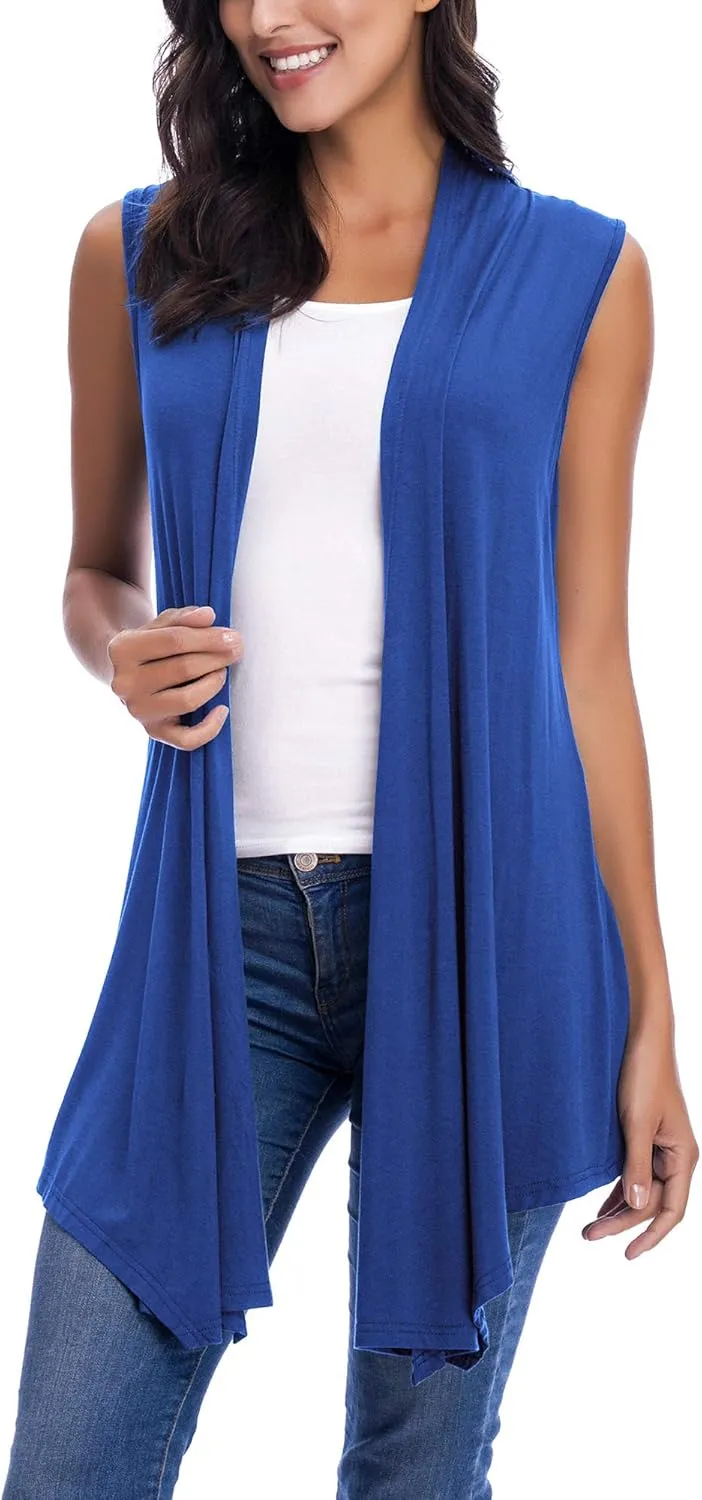 Womens Sleeveless Open Front Draped Asymmetric Hem Cardigan Vest