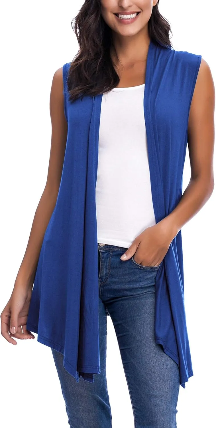 Womens Sleeveless Open Front Draped Asymmetric Hem Cardigan Vest