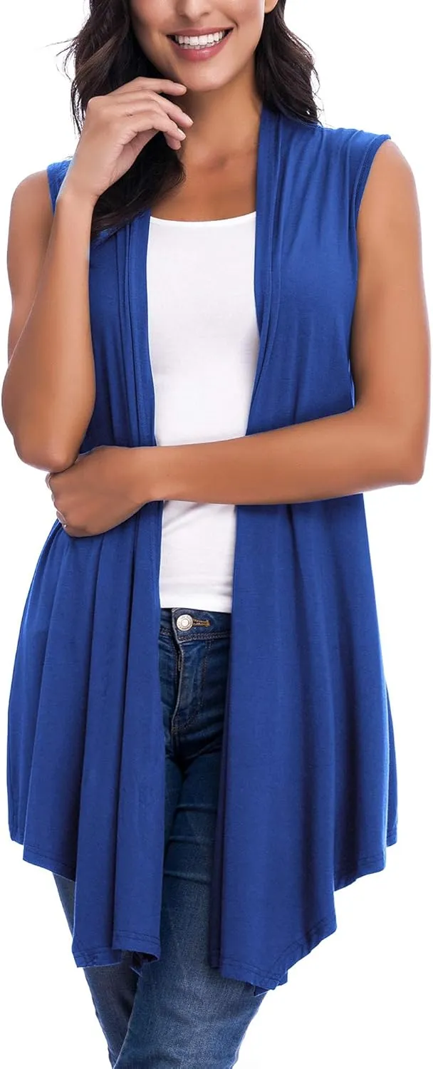 Womens Sleeveless Open Front Draped Asymmetric Hem Cardigan Vest