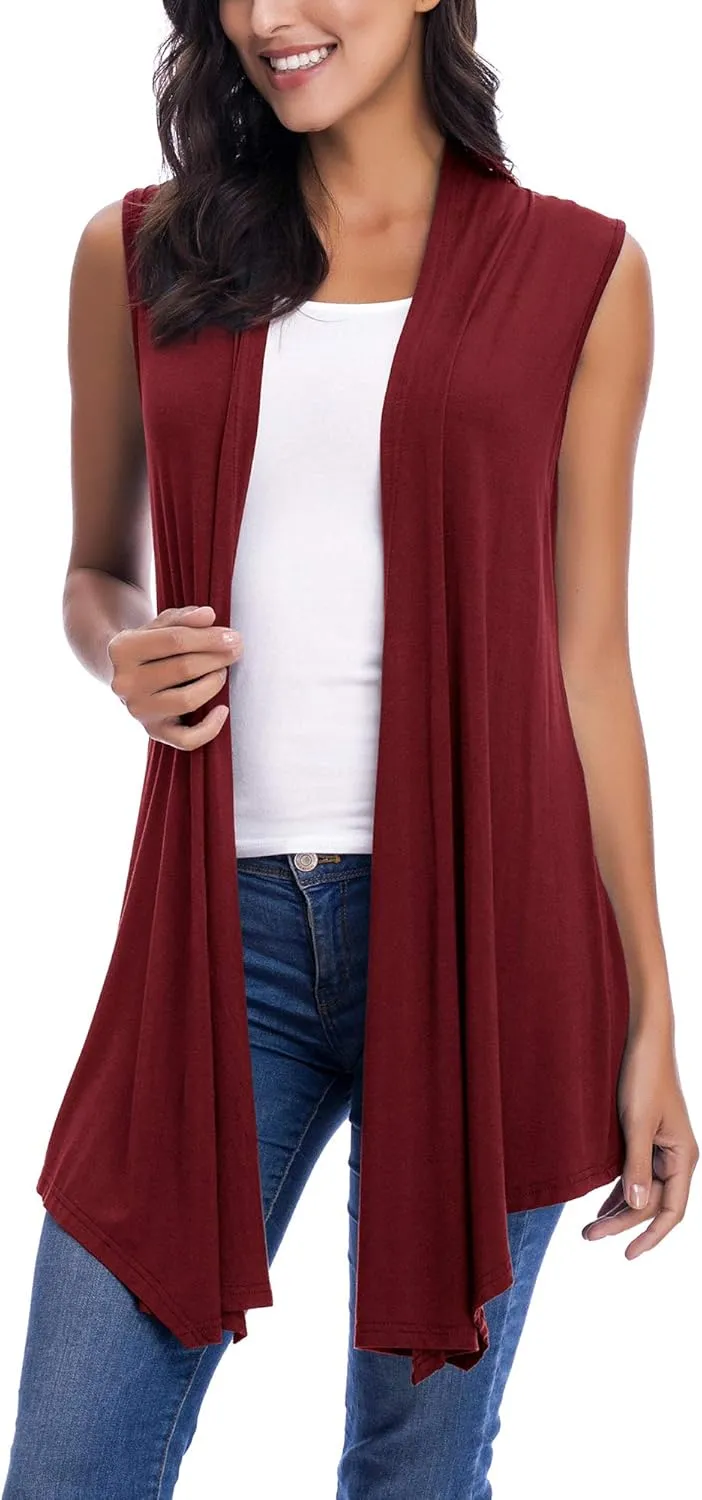 Womens Sleeveless Open Front Draped Asymmetric Hem Cardigan Vest