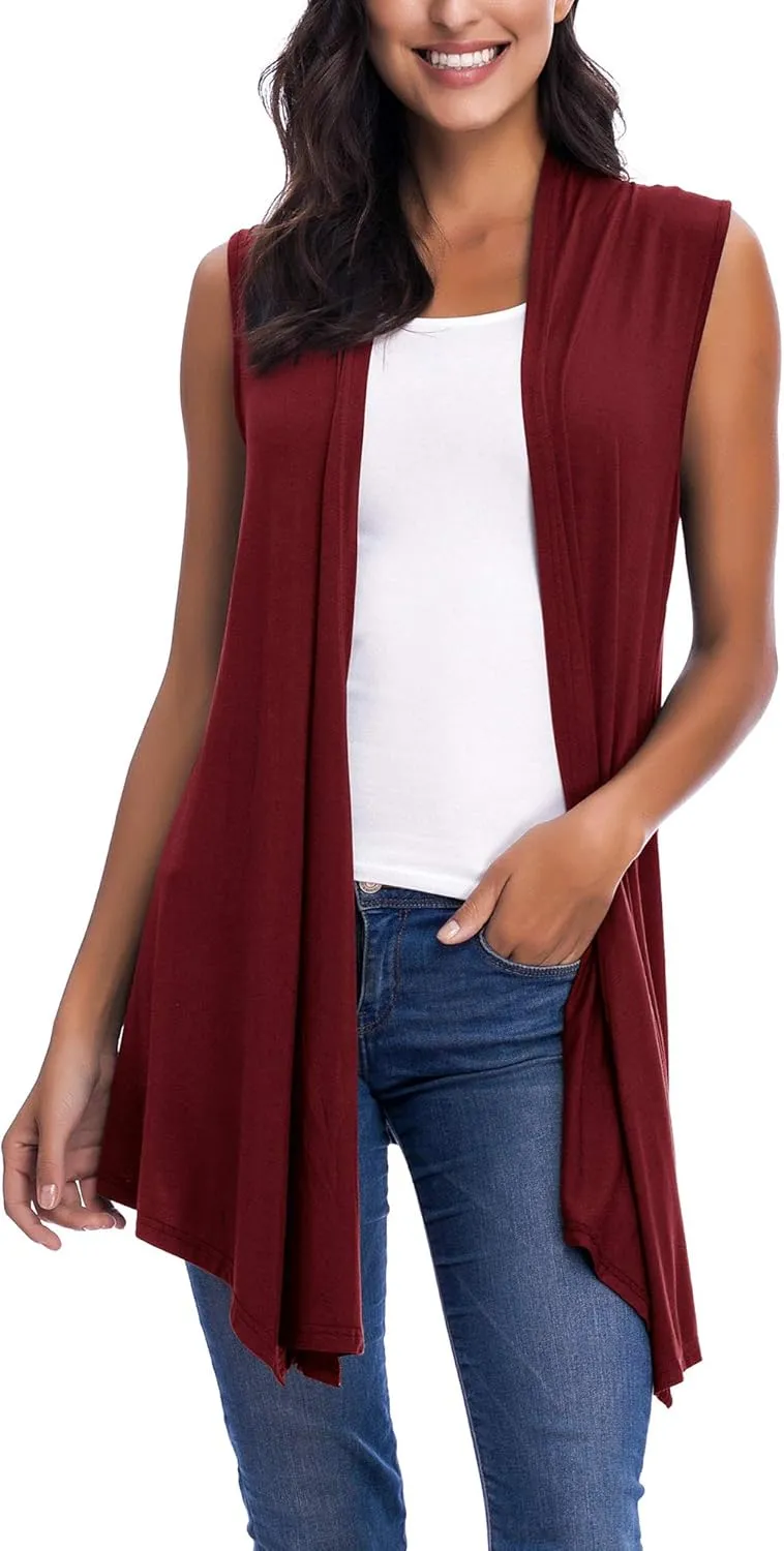 Womens Sleeveless Open Front Draped Asymmetric Hem Cardigan Vest