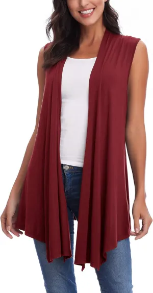 Womens Sleeveless Open Front Draped Asymmetric Hem Cardigan Vest