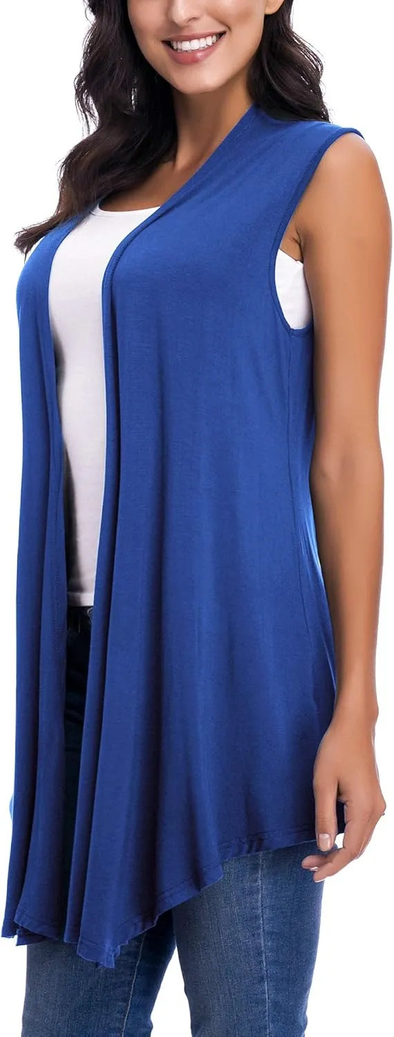 Womens Sleeveless Open Front Draped Asymmetric Hem Cardigan Vest