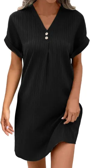 Womens Striped Summer Dresses 2025 Button V Neck Cap Sleeve Color Block Casual A Line Tshirt Dress with Pockets