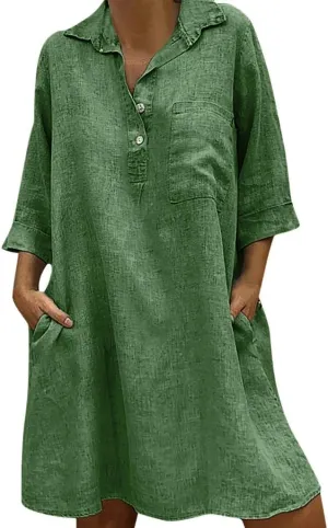 Women's Summer Casual Loose Trendy Short Sleeve Button Down Collar Solid Color Sun Beach Linen Dress Plus Size, S-5XL