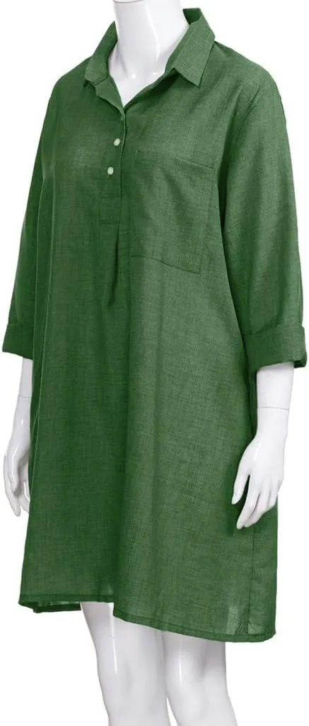 Women's Summer Casual Loose Trendy Short Sleeve Button Down Collar Solid Color Sun Beach Linen Dress Plus Size, S-5XL