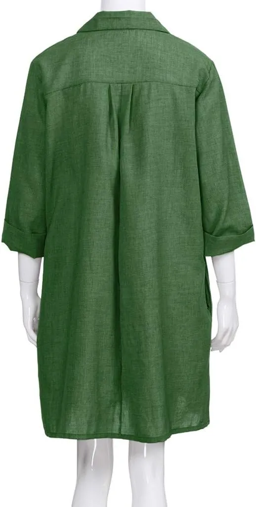 Women's Summer Casual Loose Trendy Short Sleeve Button Down Collar Solid Color Sun Beach Linen Dress Plus Size, S-5XL