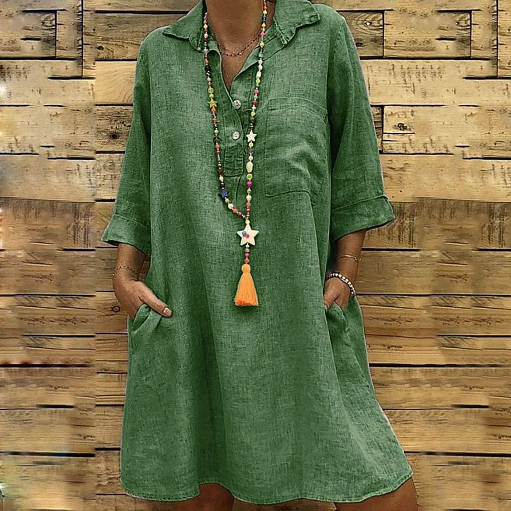 Women's Summer Casual Loose Trendy Short Sleeve Button Down Collar Solid Color Sun Beach Linen Dress Plus Size, S-5XL