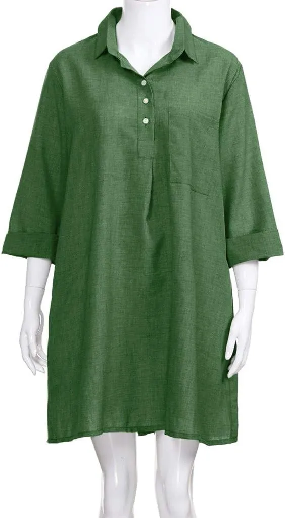 Women's Summer Casual Loose Trendy Short Sleeve Button Down Collar Solid Color Sun Beach Linen Dress Plus Size, S-5XL