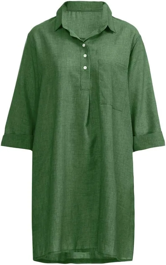 Women's Summer Casual Loose Trendy Short Sleeve Button Down Collar Solid Color Sun Beach Linen Dress Plus Size, S-5XL