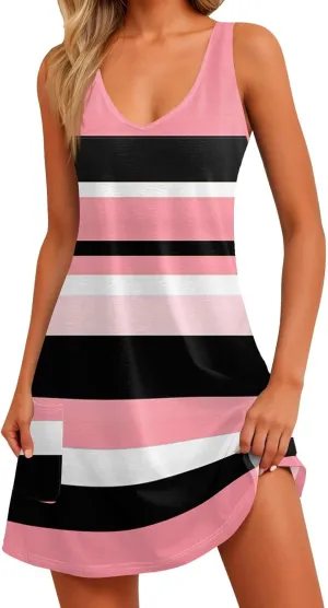 Womens Summer Dress 2025 Loose V Neck Sleeveless Sundresses Swimsuit Coverup with Pockets Casual Tank Dresses
