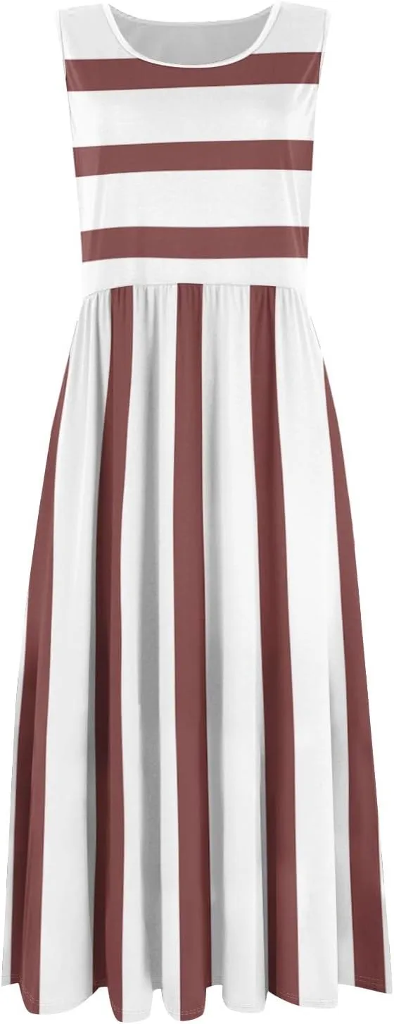 Womens Summer Dresses Flowy A-Line Sundresses Beach Floral Sleeveless Mid Dress Casual Tshirt Tank Dresses with Pockets