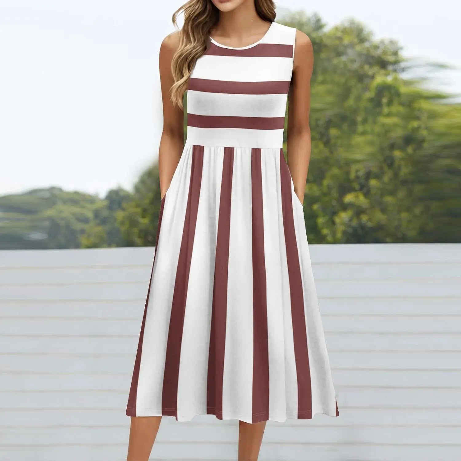 Womens Summer Dresses Flowy A-Line Sundresses Beach Floral Sleeveless Mid Dress Casual Tshirt Tank Dresses with Pockets