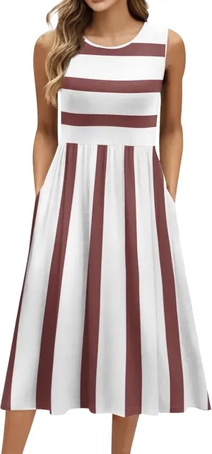 Womens Summer Dresses Flowy A-Line Sundresses Beach Floral Sleeveless Mid Dress Casual Tshirt Tank Dresses with Pockets