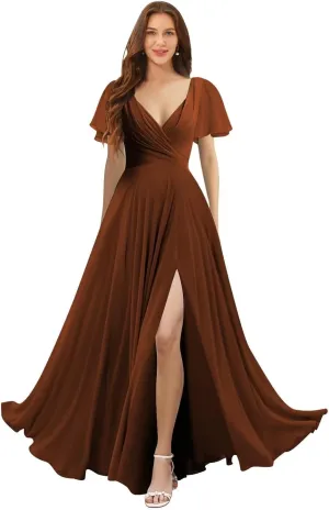 Women's V Neck Bridesmaid Dresses with Slit 2025 Chiffon Short Sleeves A Line Long Formal Gowns XOD0316