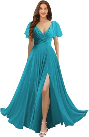 Women's V Neck Bridesmaid Dresses with Slit 2025 Chiffon Short Sleeves A Line Long Formal Gowns XOD0316