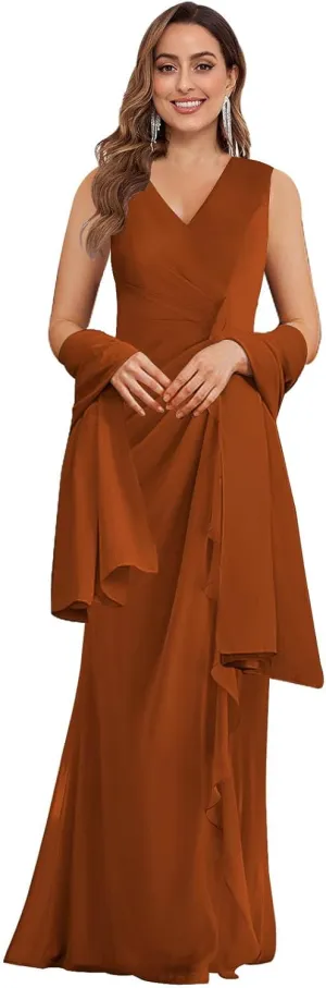 Women's V Neck Mother of The Bride Dress with Shawl Chiffon Ruffle Long Formal Wedding Guest Party Gowns