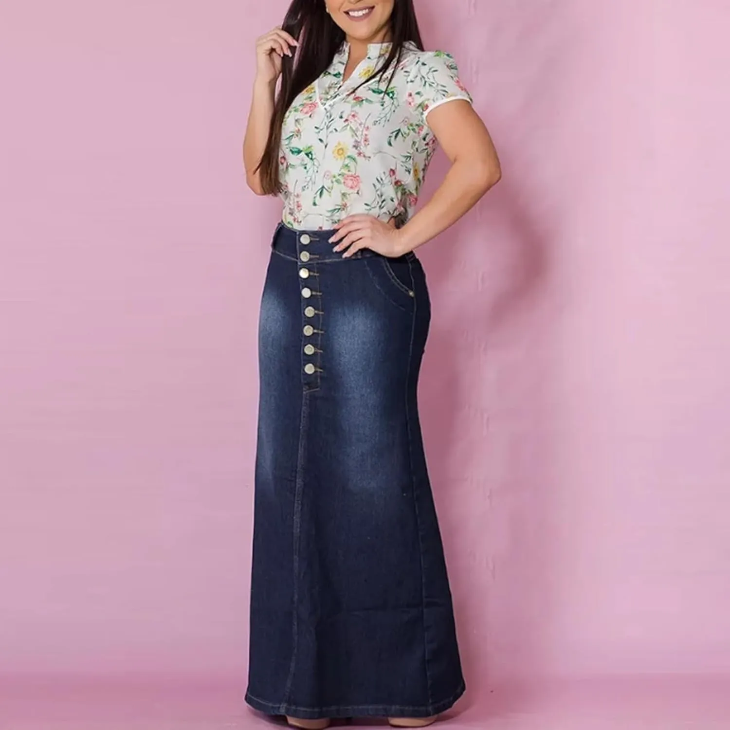 Wrap Jean Skirts for Women Stretchy Button Down High Waisted Maxi Skirt Dressy Long Straight Loose Fit Denim Skirt