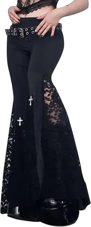 xxxiticat Women's Lace Flared Legging Pants Gothic High Waist Hollow Out See Through Patchwork Mesh Bell-Bottom Trousers