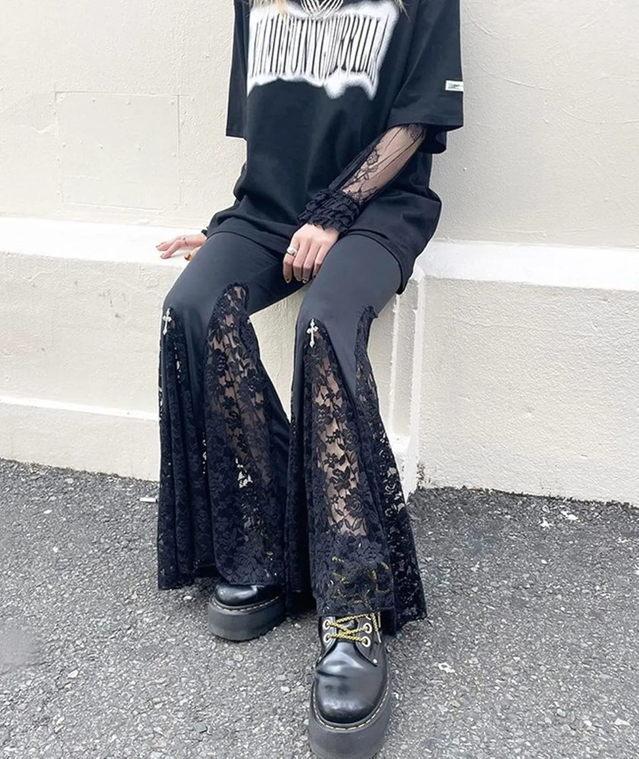 xxxiticat Women's Lace Flared Legging Pants Gothic High Waist Hollow Out See Through Patchwork Mesh Bell-Bottom Trousers
