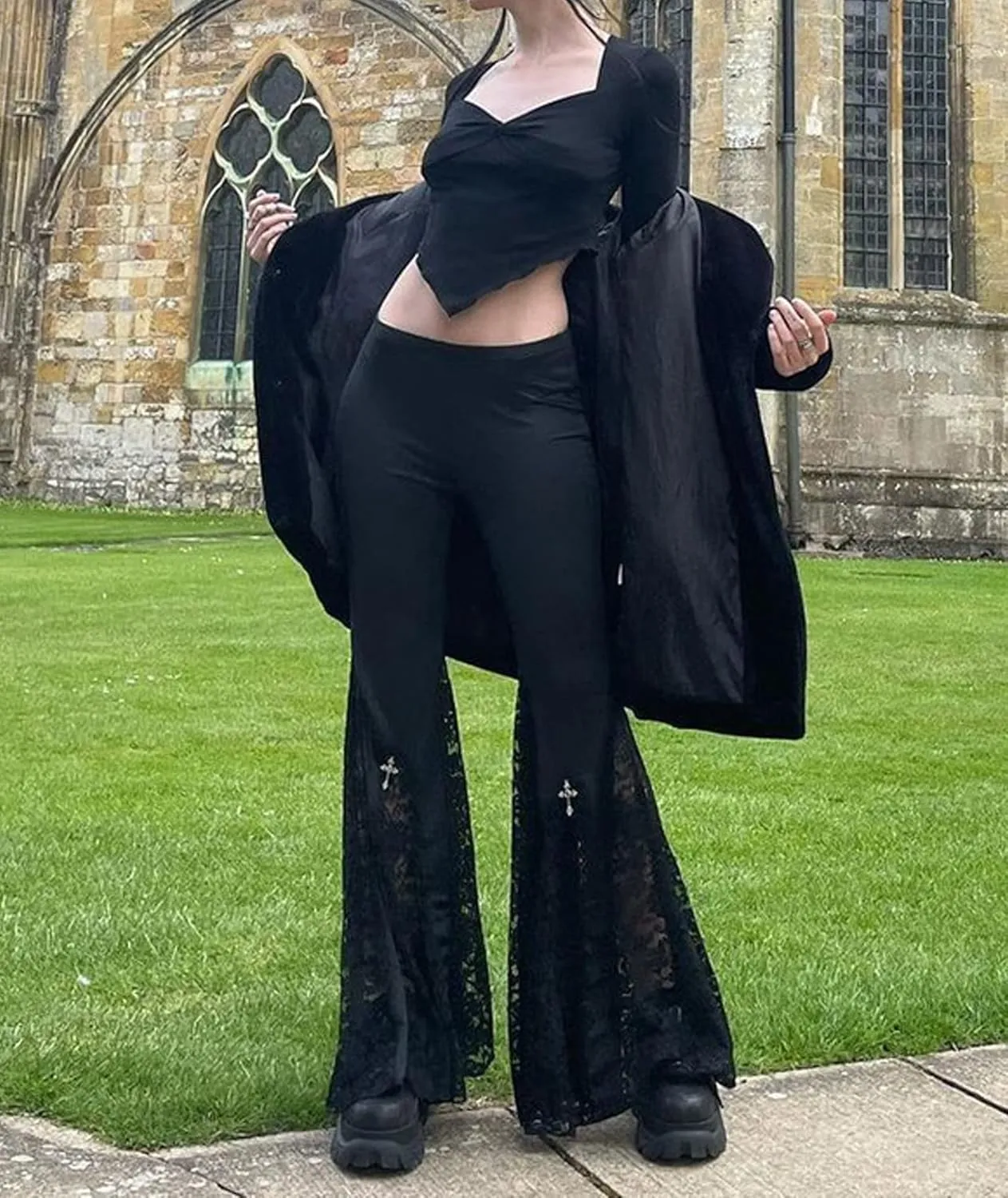 xxxiticat Women's Lace Flared Legging Pants Gothic High Waist Hollow Out See Through Patchwork Mesh Bell-Bottom Trousers