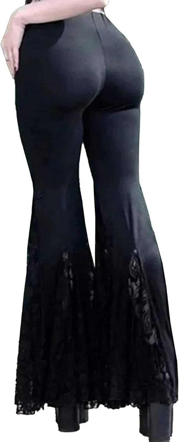xxxiticat Women's Lace Flared Legging Pants Gothic High Waist Hollow Out See Through Patchwork Mesh Bell-Bottom Trousers